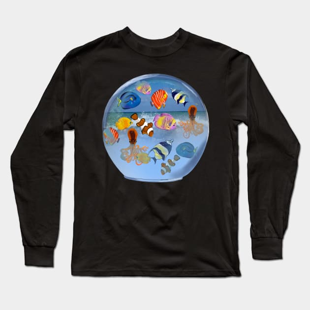 Aquarium Globe - Octopus squid and friends  tropical Coral reef fish rainbow coloured / colored   fish and octopus swimming under the sea Long Sleeve T-Shirt by Artonmytee